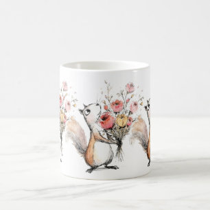 Caneca De Café Esquilo Fofo com Buquê de Flores