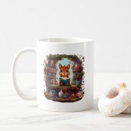 Caneca De Café Esquilo Lendo Em Uma Prateleira De Livros Antigos