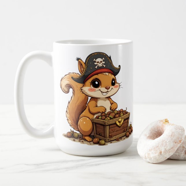 Caneca De Café Esquilo Pirata com Tesouro de Nozes Engraçado Fofo (Com Donut)