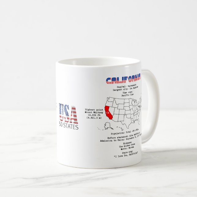 Caneca De Café Estado Americano da Califórnia em um mapa e inform (Frente Esquerda)