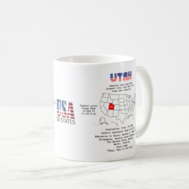 Caneca De Café Estado Americano de Utah em um mapa e informações  (Frente Esquerda)