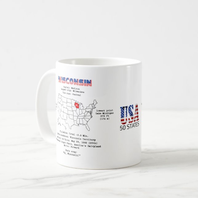 Caneca De Café Estado Americano de Wisconsin em um mapa e informa (Frente Esquerda)