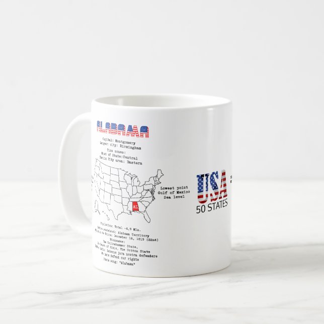 Caneca De Café Estado Americano do Alabama em um mapa e informaçõ (Frente Esquerda)