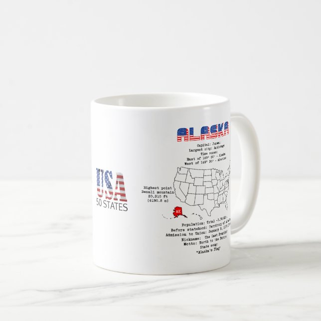Caneca De Café Estado Americano do Alasca em um mapa e informaçõe (Frente Esquerda)