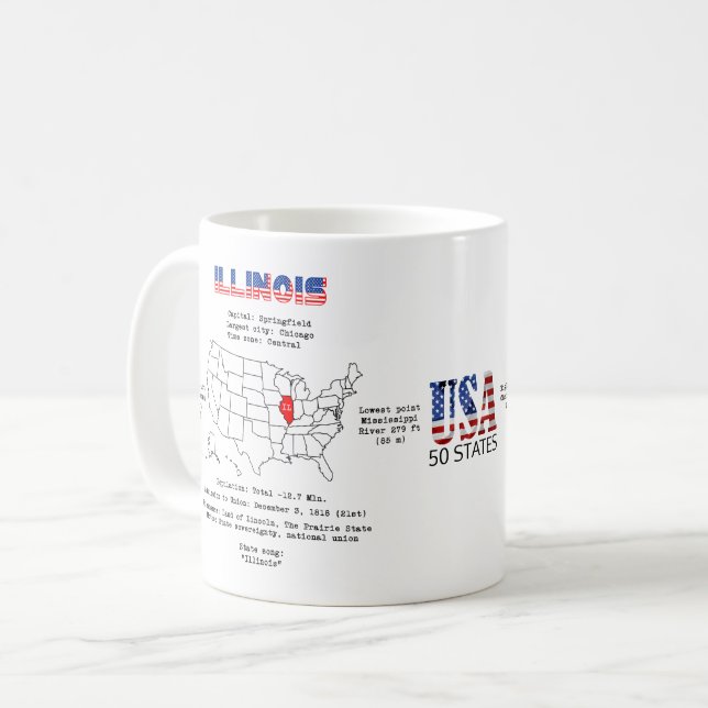 Caneca De Café Estado Americano do Illinois em um mapa e informaç (Frente Esquerda)
