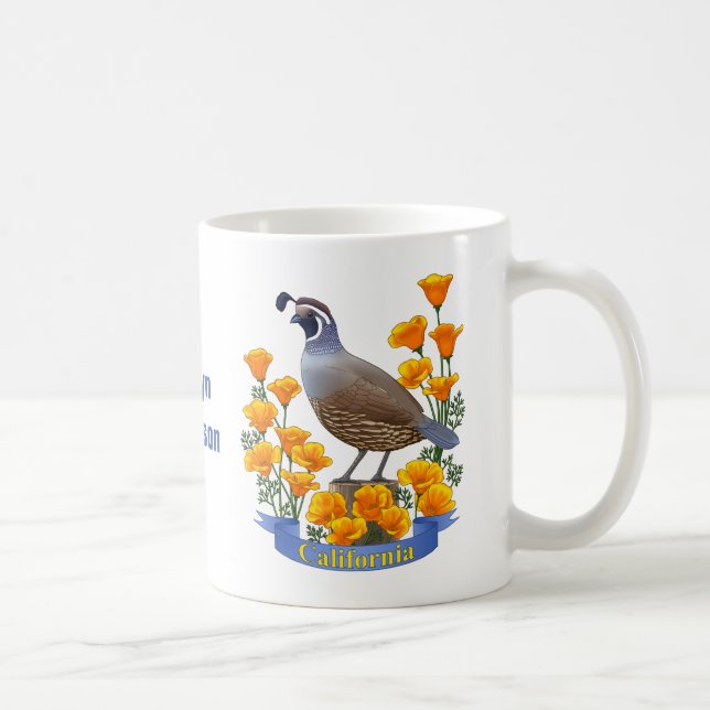Caneca De Café Estado da Califórnia - Pássaro Quail & Ouro Poppy (Direita)