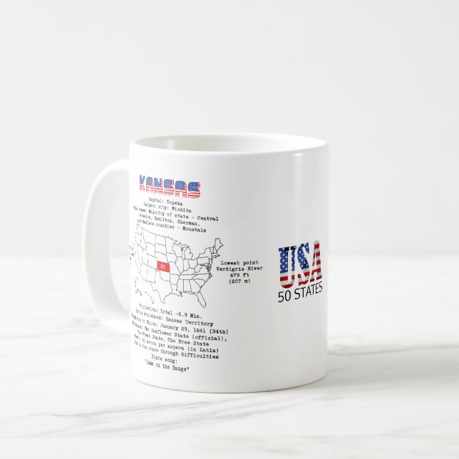 Caneca De Café Estado do Kansas americano em um mapa e informaçõe (Frente Esquerda)