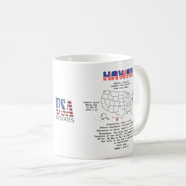 Caneca De Café Estado havaiano americano em um mapa e informações (Frente Esquerda)