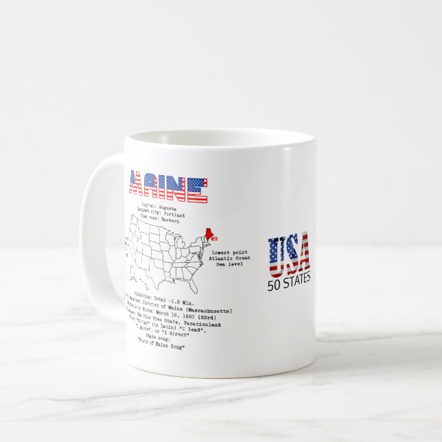 Caneca De Café Estado Maine-Americano em um mapa e informações út (Frente Esquerda)
