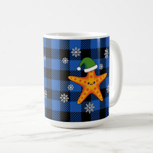 Caneca De Café Estaleiro do Natal Kawaii no padrão azul de búfalo