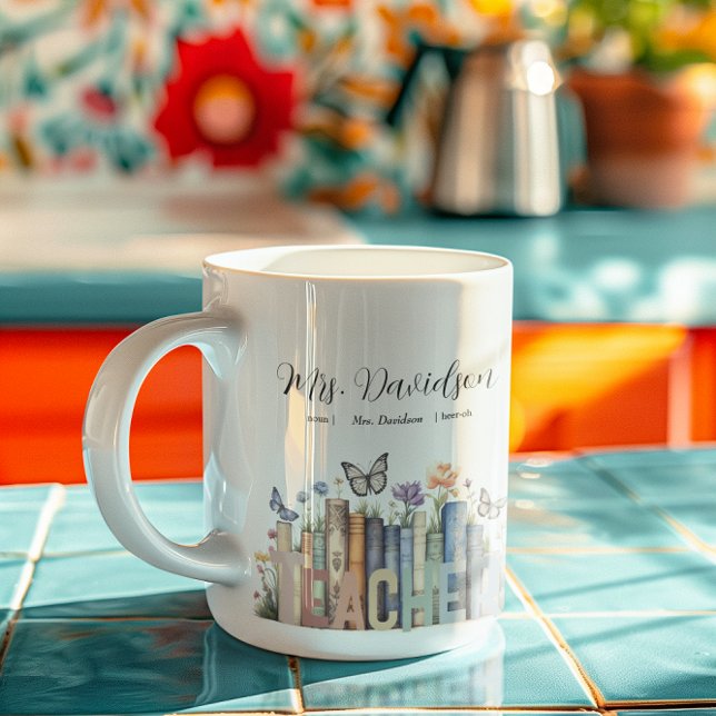 Caneca De Café Estante de Livros Arco-Íris Fofa & Monograma de Pr (Criador carregado)