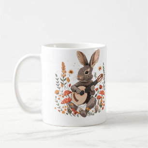 Caneca De Café Estética Cottagecore Coelho Fofo Tocando Banjo