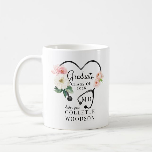 Caneca De Café Estetoscópio Floral de Aquarela Graduação Médica (Esquerda)