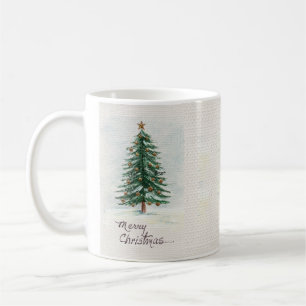Caneca De Café Estilo antigo Árvore de Natal Aquarela em Neve