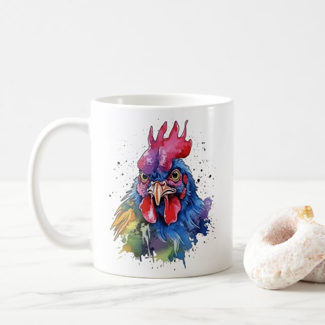 Caneca De Café Estilo de Aquarela de Galinha do País Rooster (Com Donut)