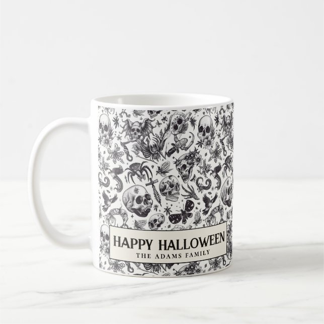Caneca De Café Estilo de Grafite preto e branco Skulls Halloween (Esquerda)