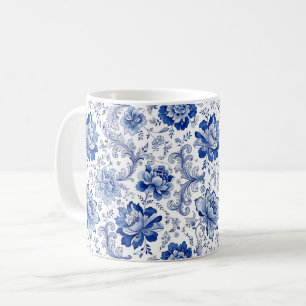 Caneca De Café Estilo Delft Azul Branco Flores Fantasia Caprichos