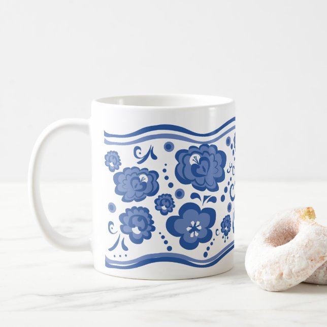Caneca De Café Estilo floral de Gzhel do russo (Com Donut)