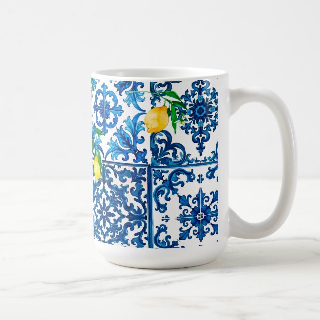 Caneca De Café estilo italiano,Mediterrâneo,mosaico,azul,limão (Direita)
