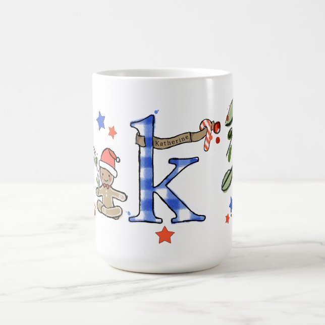 Caneca De Café Estilo Retro Monograma de Natal Bonito K com Nome (Centro)