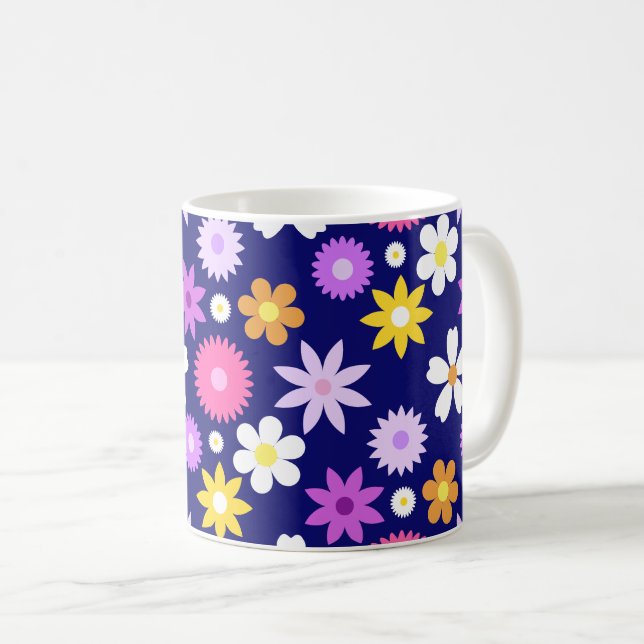 Caneca De Café Estilo retroativo 70s Flor Padrão Grande no Azul E (Frente Esquerda)