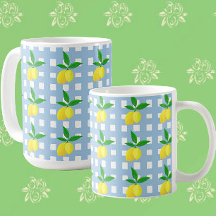 Caneca De Café Estilo Vintage Retro Limões Amarelos Xadrez Branco