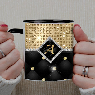 Caneca De Café Estiloso monograma de diamante preto com cristal f