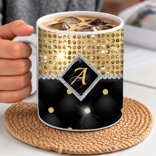 Caneca De Café Estiloso monograma de diamante preto com cristal f