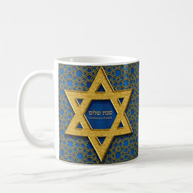 Caneca De Café Estrela Azul Dourada de David Hebrew Shabbat Shalo (Esquerda)