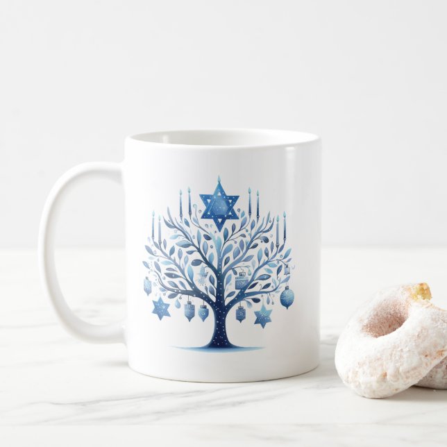 Caneca De Café Estrela da Árvore de Hanukkah Blue Menorah (Com Donut)