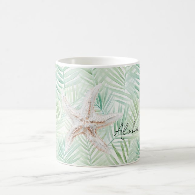 Caneca De Café Estrela-do-Mar Folhas Tropicais Verdes (Centro)