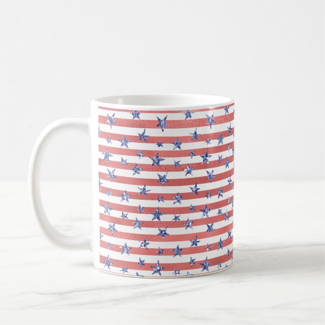 Caneca De Café Estrelas Azuis de Brilho Branco Vermelho (Esquerda)