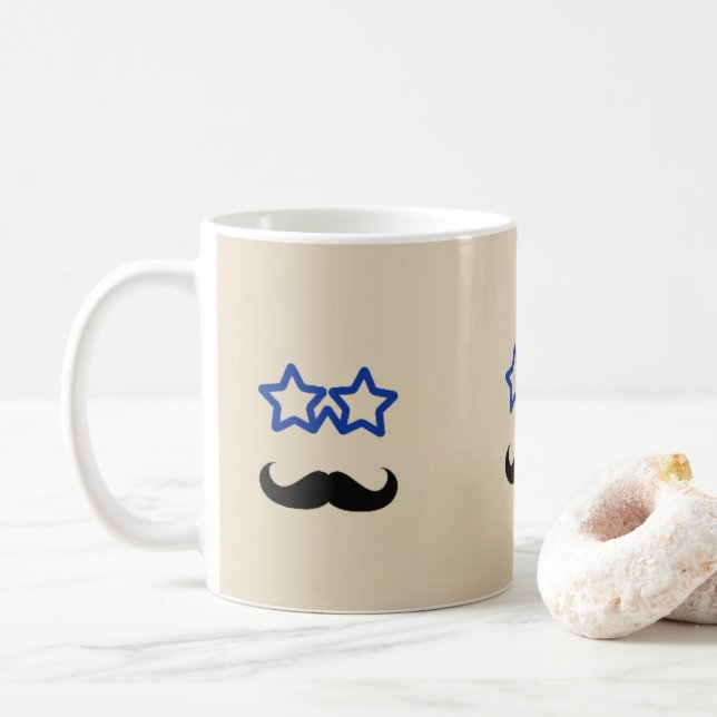 Caneca De Café Estrelas Azuis e Bigode Preto (Com Donut)