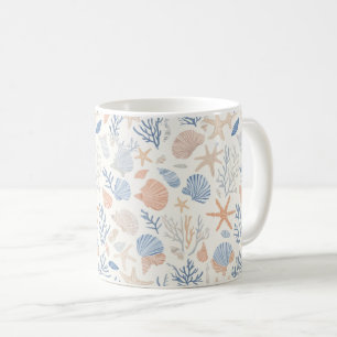 Caneca De Café Estrelas-do-Mar Conchas Marinhas Azuis Pêssego Cre