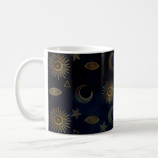 Caneca De Café Estrelas Douradas da Lua Solar Celestial Azul (Esquerda)