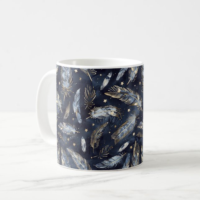 Caneca De Café Estrelas Penas Ouro Azul (Frente Esquerda)