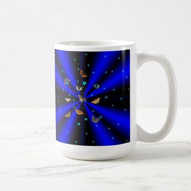 Caneca De Café Estrelas, Pérolas e Borboletas em preto e azul (Direita)
