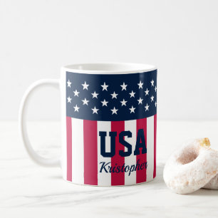 Caneca De Café Estrelas Personalizadas em Striges Vermelho Azul C
