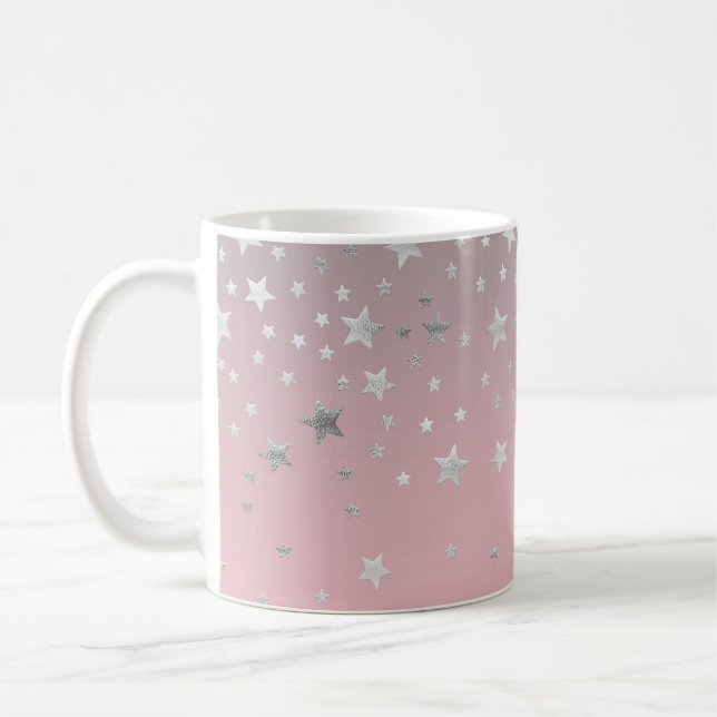 Caneca De Café Estrelas Rosa e Cinza Moderno Chic Stylish  (Esquerda)