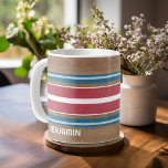 Caneca De Café Estrias De Superfície Vintage - Fundo De Madeira S<br><div class="desc">Um design de faixa colorida, retrô, em azul e laranja sobre um fundo de impressão de madeira falsa. Um design de banda de surfboard vintage com um olhar de praia e surf. Adicione o seu nome ou monograma para fazer desta uma capa de telefone pessoal que se destacará entre os...</div>