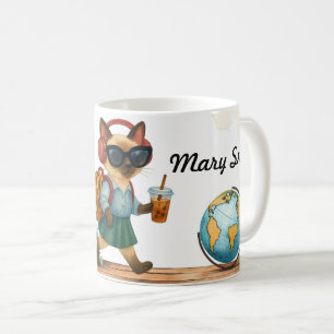 Caneca De Café Estudante de Gato de Volta às Aulas Fones de ouvi