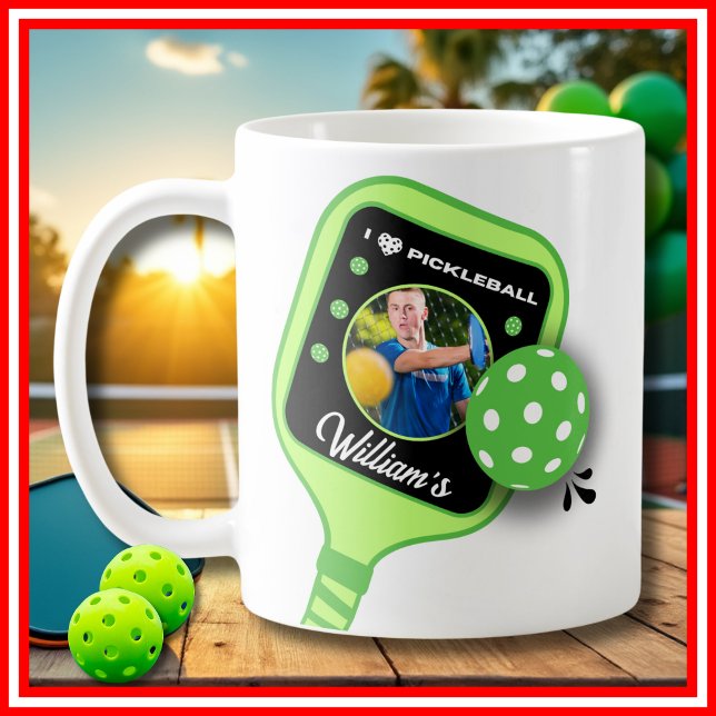 Caneca De Café Eu adoro Pickleball Green Paddle Foguete Esportivo (I Love Pickleball Green Paddle Cute Sports PHOTO Coffee Mug)