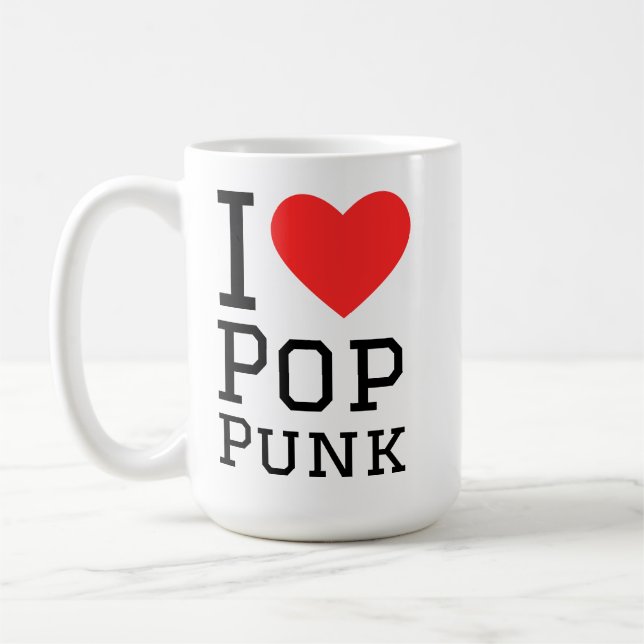 Caneca De Café Eu adoro pop punk e adesivo quadrado (Esquerda)