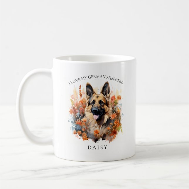Caneca De Café Eu Amo Meu Retrato De Cachorro Floral German sheph (Esquerda)