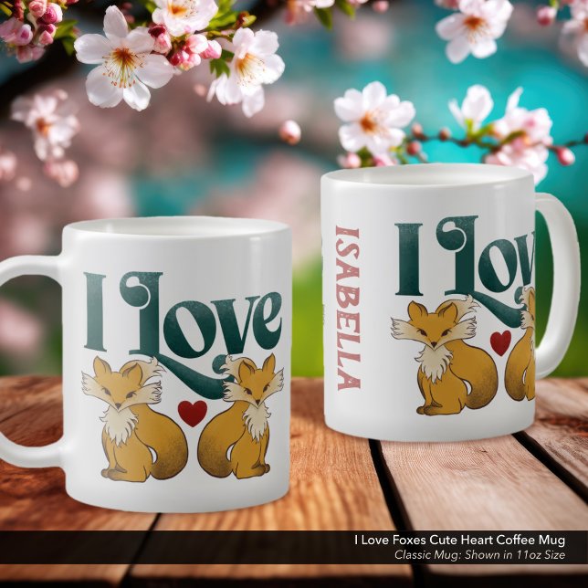 Caneca De Café Eu Amo Raposas Coração Bonito ("I Love Foxes" Personalized Coffee Mug with Whimsical Hand Drawn Fox Artwork.
)