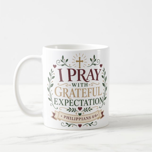Caneca De Café Eu oro com expectativa grata Citação cristã (Esquerda)