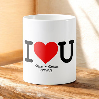Caneca De Café Eu Te Amo: Coração Vermelho com Nomes e Data Perso