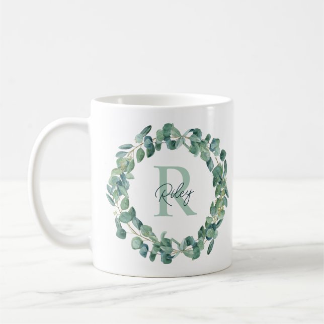 Caneca De Café Eucalipto Botânico Moderno Wreath Personalizado (Esquerda)