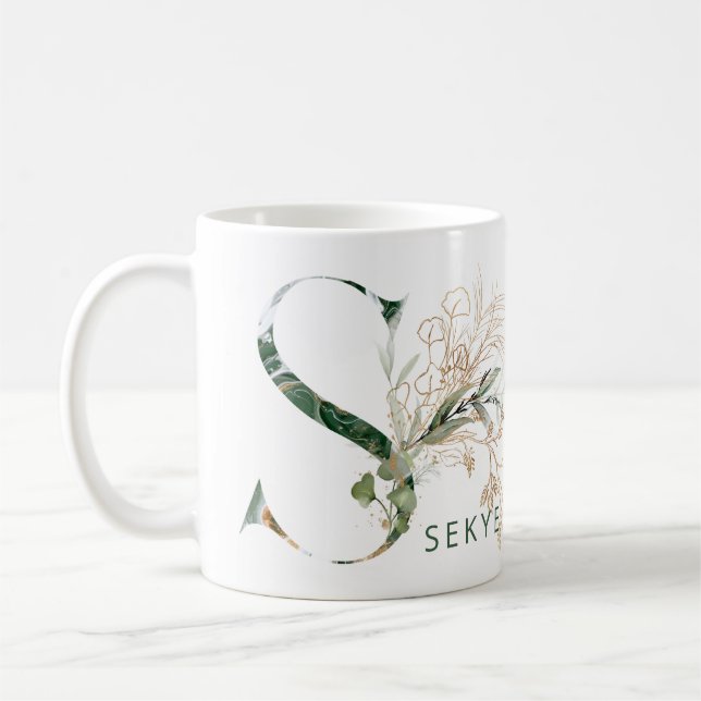 Caneca De Café Eucalipto Monograma Botânico Dourado "S" (Esquerda)