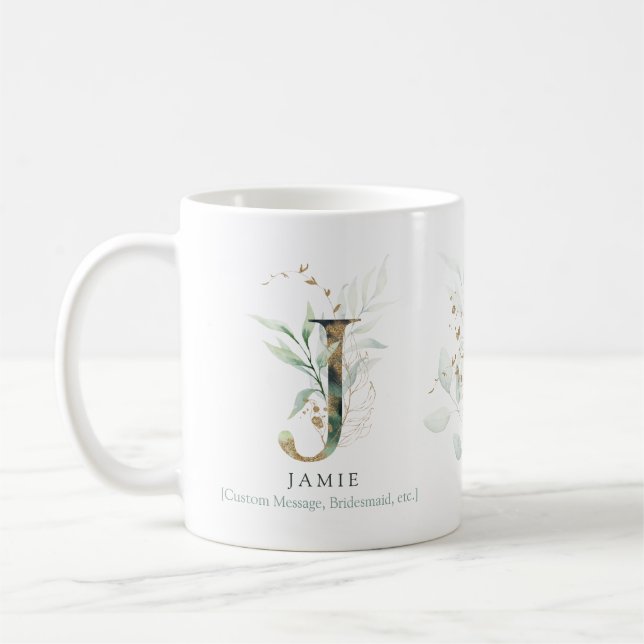 Caneca De Café Eucalyptus Dourado Monograma Inicial J Greenery Ch (Esquerda)